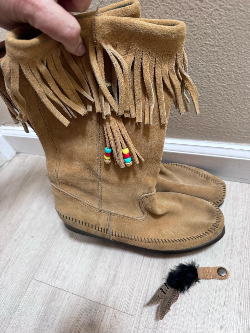 Minnetonka Tan Suede Fringe Moccasin Boots - Picture 3 of 7